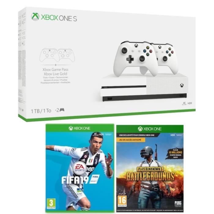 Xbox One S 1 To + 2 manettes + Fifa 19 + PUBG