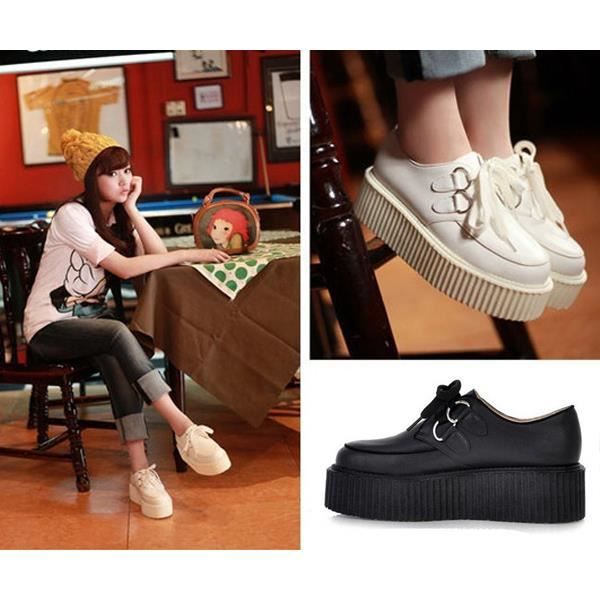 Chaussures Noir Plate Compensée Gothique blanc Punk Femme Cuir Pu qx0qTrIzw