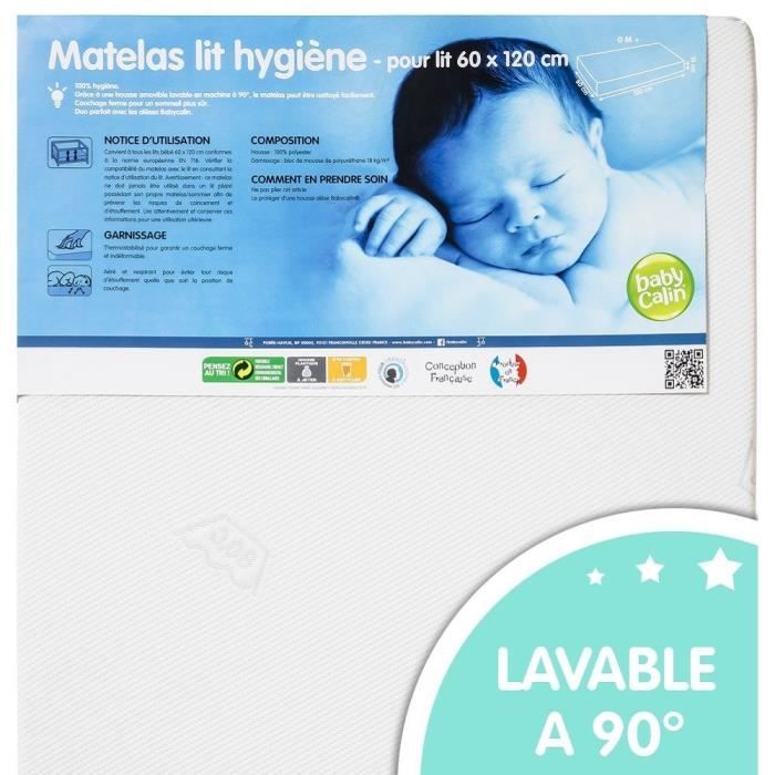 BABYCALIN Matelas Lit Bebe 18kg Hygiene 60x120x10 cm avec Housse Amovible