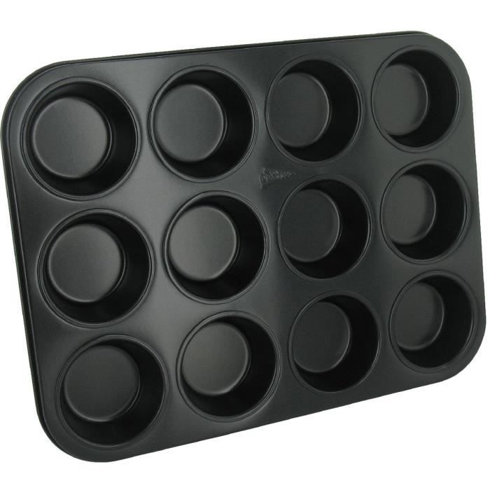 PATISSE Plaque à muffins antiadhésif en acier revêtu - 12 cavités - 35 x 27 cm - Noir