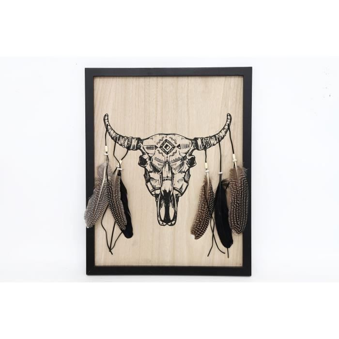 Plaque déco tête de buffle - 50 x 40 cm - Naturel et noir