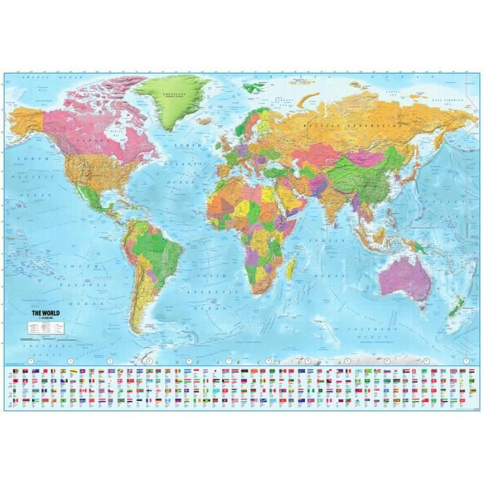 Affiche géante carte du monde avec les drapeaux et les ...