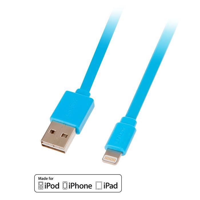 LINDY Câble plat USB réversible vers Lightning - Bleu - 1m