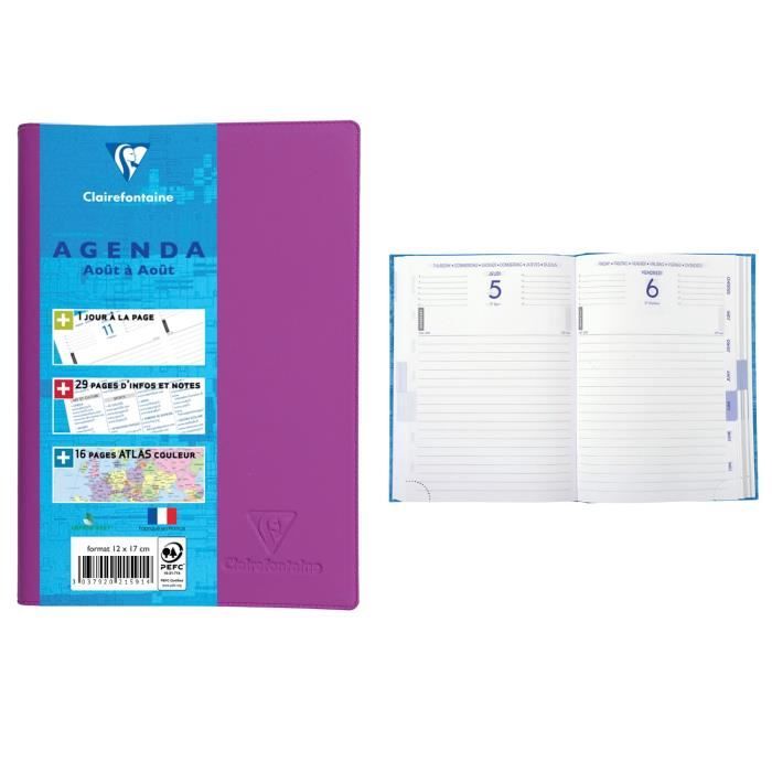 CLAIREFONTAINE Agenda scolaire 400 pages - 1 jour par page - 120 x 170 mm - Papier PEFC - Couverture PVC toucher gomme amovible Rose