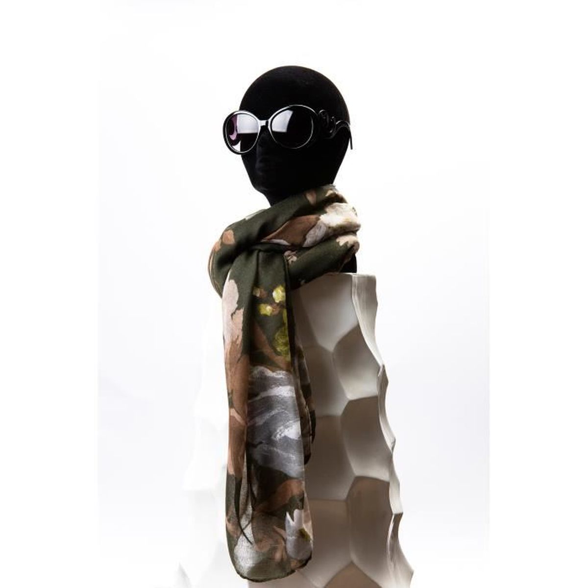 Grand Foulard Écharpe Style Anglais Multicolore, avec Motifs Fleurs Effet Lin Kaki Beige Rose