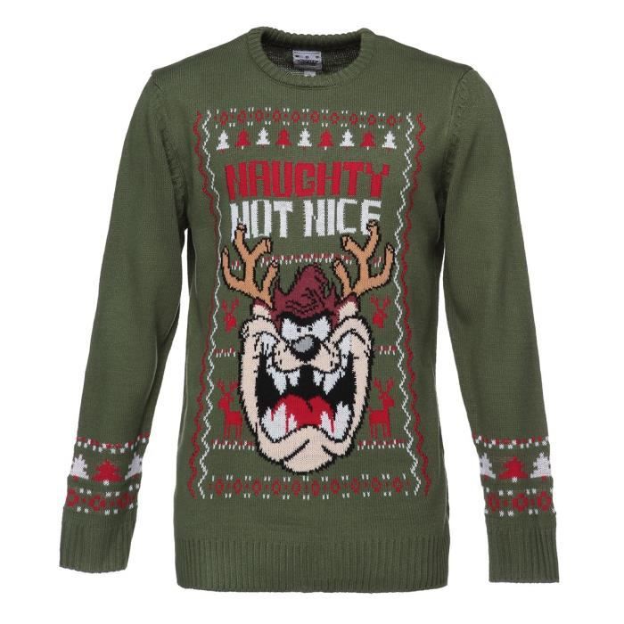 LOONEY TUNES Pull de Noël Tricoté Vert Kaki Homme