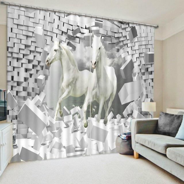 Rideaux Chevaux blancs arrivent par le mur 3D effect l\'ombrage 118\ Rideaux Chevaux blancs arrivent par le mur 3D effect l\'ombrage 118\