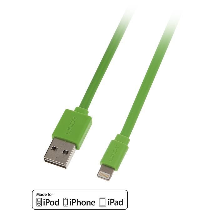 LINDY Câble plat USB réversible vers Lightning - Vert - 1m
