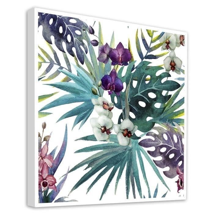 Image encadrée type coffre Feuilles tropicales - MDF - 35x35 cm - Violet et vert - Moulure blanc mat 40x15 cm