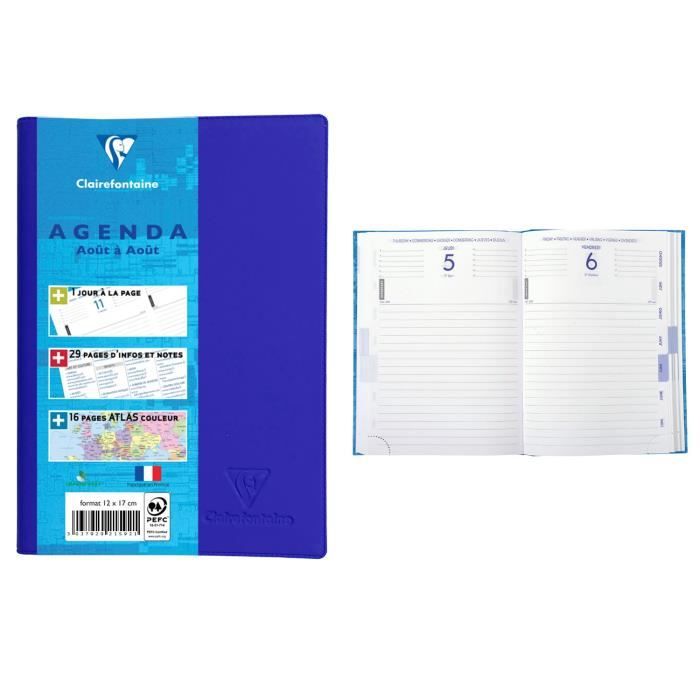 CLAIREFONTAINE Agenda scolaire 400 pages - 1 jour par page - 120 x 170 mm - Papier PEFC - Couverture PVC toucher gomme amovible Bleu