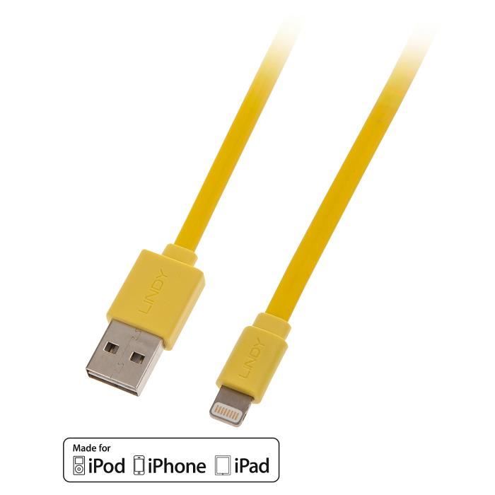 LINDY Câble plat USB réversible vers Lightning - Jaune - 1m