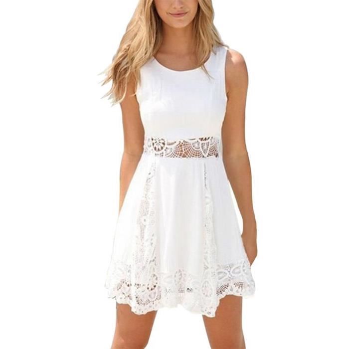 Robe D'été Blanche Pure Lin Dentelle sans Manches Col Rond ...