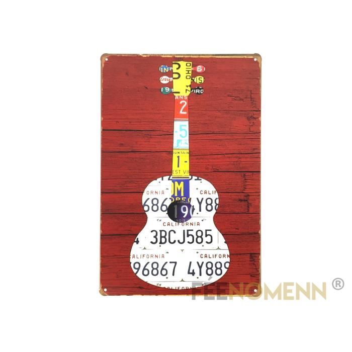 Plaque Métal Déco Vintage Guitare Immatriculation Américaine