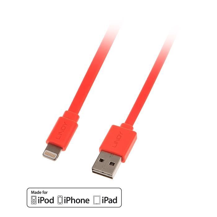LINDY Câble plat USB réversible vers Lightning - Orange - 1m