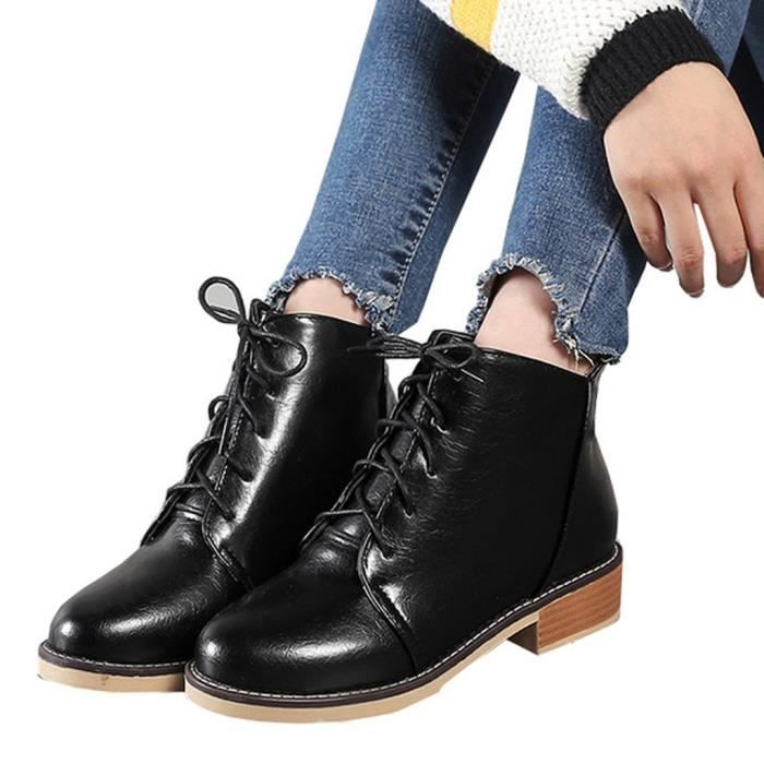 BOTTINE Femme Fille Bottines à Lacets petit Talons en Cuir