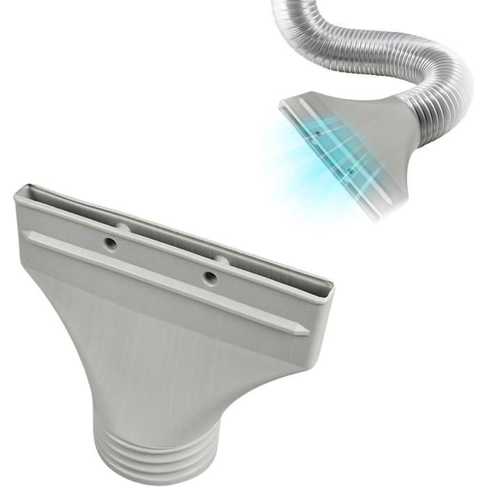 Adaptateur de tuyau en plastique gris clair, de forme rectangulaire allongée avec une base conique et un col fileté. Deux petits trous circulaires sont visibles sur la face supérieure. En arrière-plan, une vue partielle