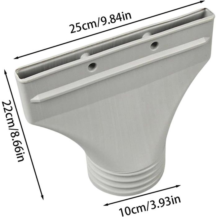 Adaptateur en plastique gris clair pour climatiseur mobile, vu de face, avec annotations de dimensions : longueur 25 cm (9.84 in), hauteur 22 cm (8.66 in), largeur du col 10 cm (3.93 in).