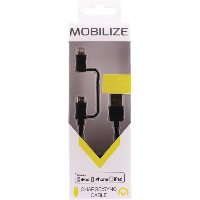 MOBILIZE Câble de charge et synchronisation 2 in 1 USB Micro B Mâle + Adaptateur foudreUSB A Mâle 1.5 Noir