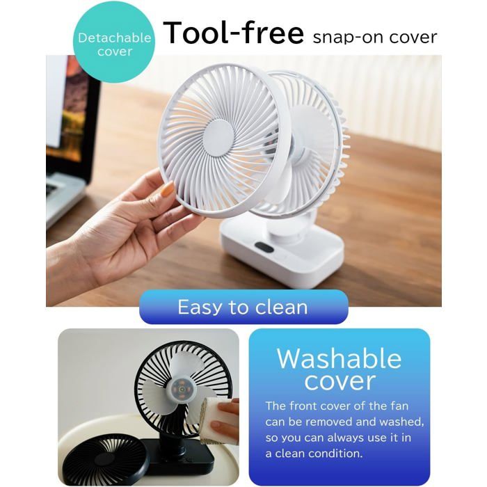 Ventilateur blanc avec couvercle avant détachable, tenu par une main. Texte Tool-free snap-on cover, Easy to clean, Washable cover. En bas, une vignette montre le couvercle noir retiré, avec un chiffon de