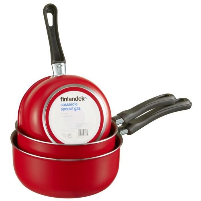 FINLANDEK Lot de 3 casseroles 16 18 20 - Noir - 3 casseroles et 1 poignée amovible - Revêtement anti-adhésif
