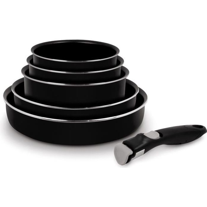 Batterie de cuisine 6 pièces avec poignée amovible - Ø 16-18-20-24-28 cm - Noir - Tous feux dont induction