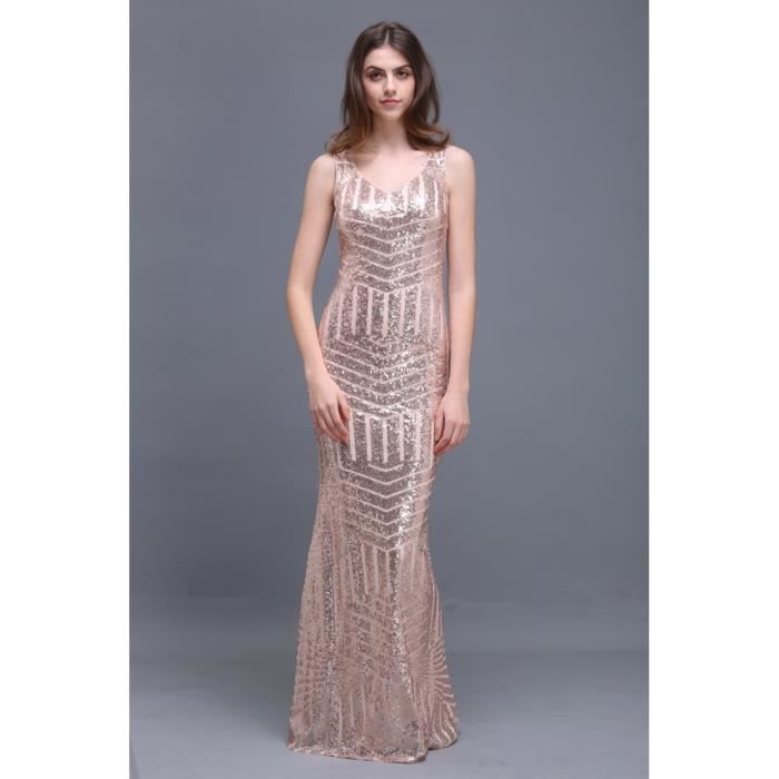 ROBE DE CÉRÉMONIE Sexy Col V Rose Or Sirène Sequin Robes