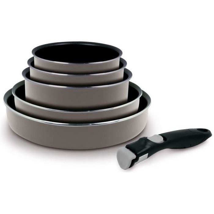 BATTRINOX Batterie de cuisine 6 pièces avec poignée amovible - Ø 16-18-20-24-28 cm - Gris - Tous feux dont induction