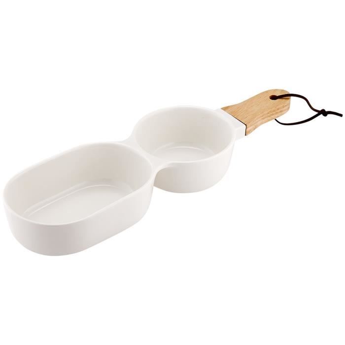 LADELLE Bol à apéritif à 2 compartiments - Blanc - Porcelaine et bambou - 34,5 x 9,5 x 4,8 cm