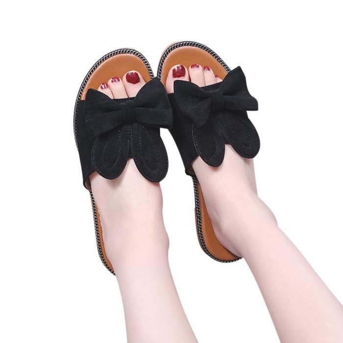 Talon Bottals Chaussures Bow Bas Sandales Solide Slipper noir Femmes Mode Plat Beach sQdthr