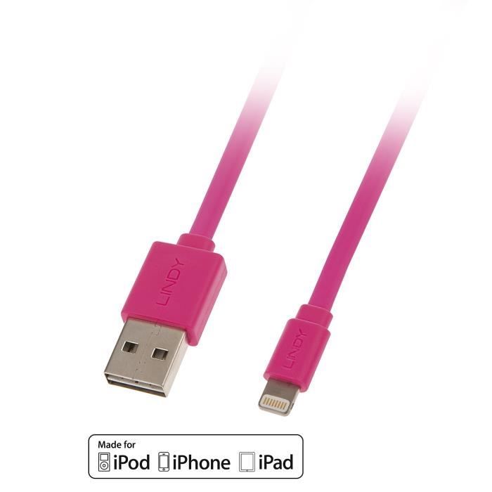 LINDY Câble plat USB réversible vers Lightning - Rose - 1m
