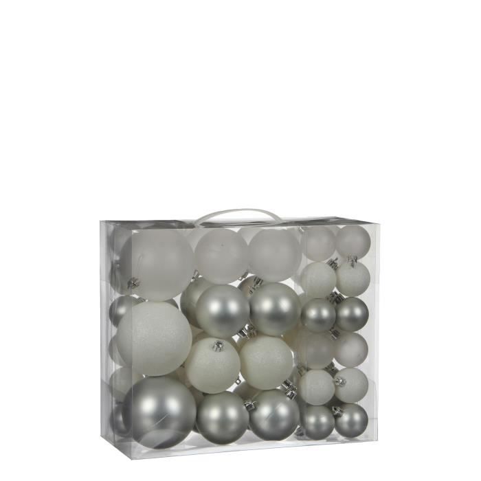 Lot De 46 Boules De Noël Incassable ø 8 Cm Blanc Et Gris Argenté