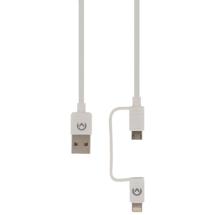 MOBILIZE Câble de charge et synchronisation Micro USB 2 in 1 USB Micro B Mâle + Adaptateur foudreUSB A Mâle 1.5 Blanc