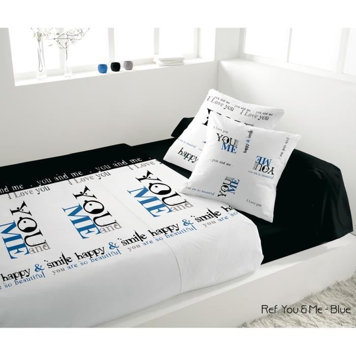 SOLEIL D'OCRE Parure de lit YOU & ME 100% coton - 1 drap housse 140 + 1 drap plat + 2 taies d'oreiller + 1 taie de traversin - Bleu
