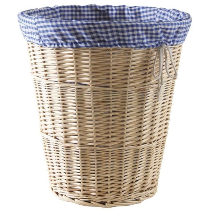 Grand Panier En Osier Rond Avec Doublure Tissu Vichy – Idéal Pour Linge Ou Jouets (H 53 Cm, D 51 Cm)