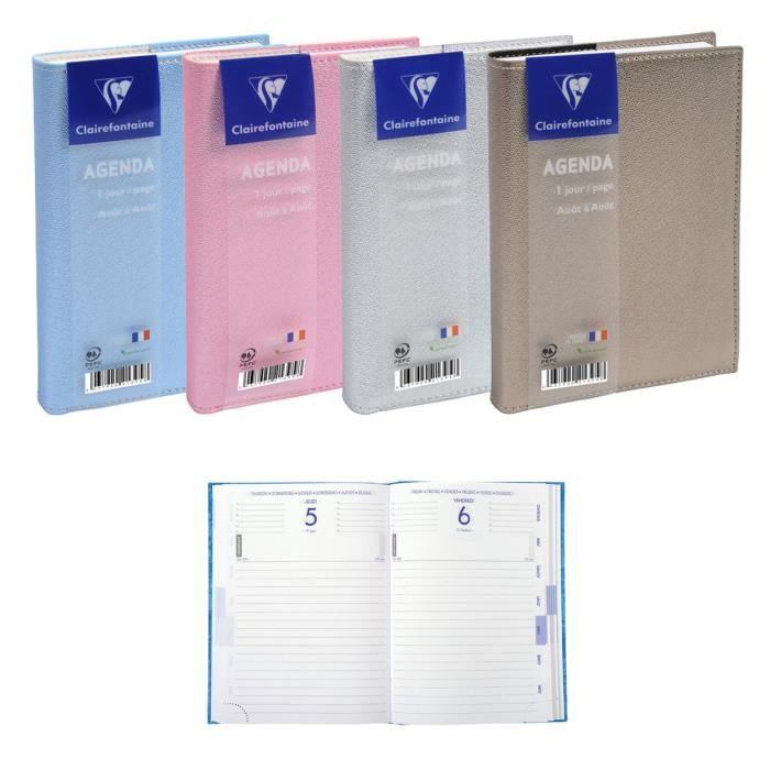 CLAIREFONTAINE Agenda 400 pages - 1 jour par page - 120 x 170 mm - Papier PEFC - Couverture amovible PU métallisé 4 couleurs Perle