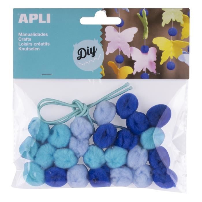 APLI Sachet de 25 pompons - Bleu + cordon
