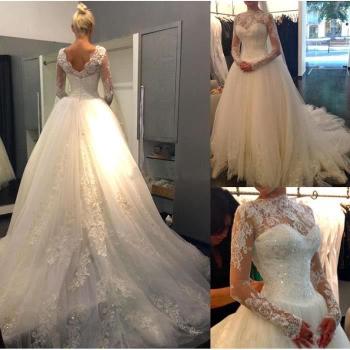 XL Robes De Mariée À Manches Longues Robe De Mariage robe de Bal Col haut Robes De Mariée