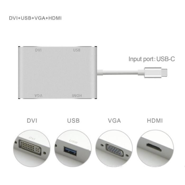 Type C vers HDMI+VGA+DVI+USB3.0 Adaptateur HU2