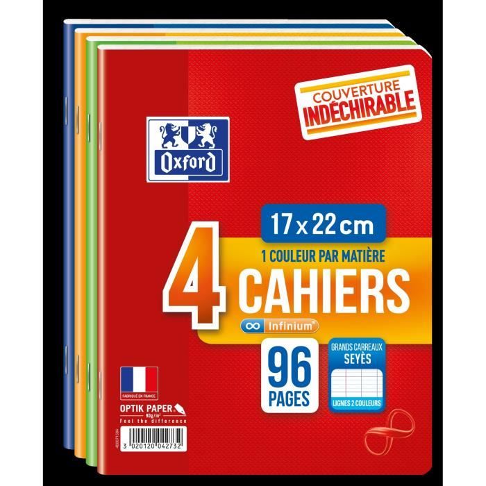 OXFORD Lot de 4 cahiers agrafés 96 pages seyès 17 x 22 cm Infinium - 90g