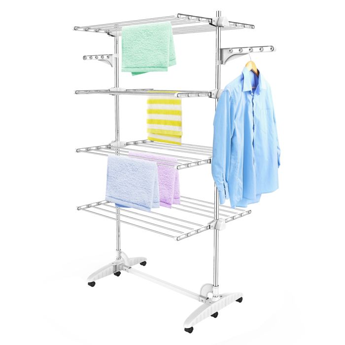 Etendoir à Linge, Etendage à Linge, 4 étagères, Blanc, avec ailes, Matériau: Tubes en acier inoxydable