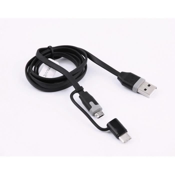 MUVIT TAB Câble 2 EN 1 MICRO USB REVERSIBLE + ADAPTATEUR TYPE C Noir