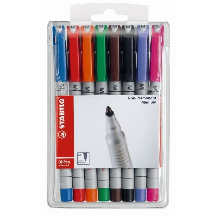 STABILO Pochette de 8 Stylos Feutre OHPen - Encre soluble - Pointe moyenne 1,0