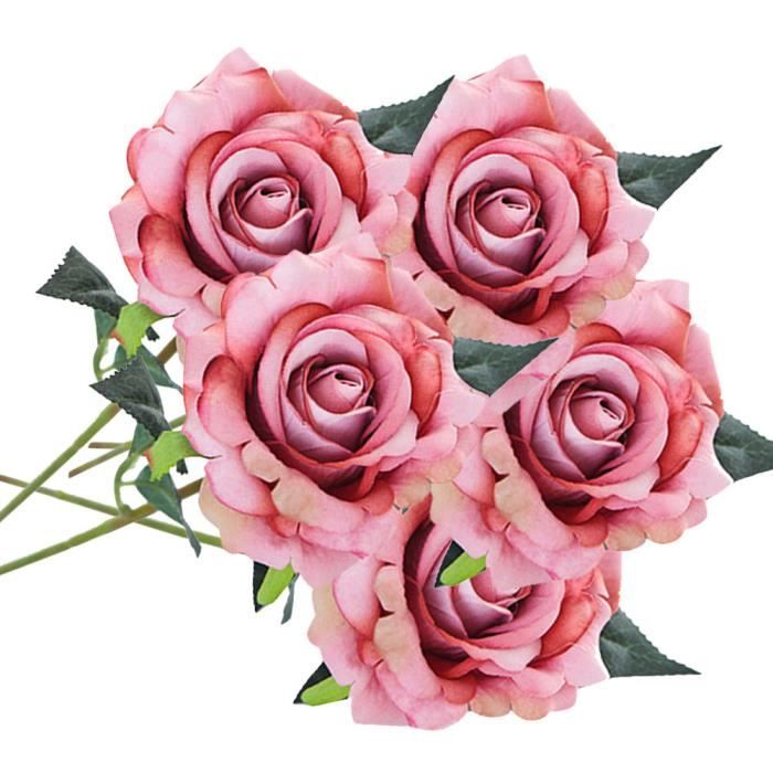 5 Pcs Artificielles Soie Faux Fleurs Rose Bouquet Mariage Maison Decor Rose