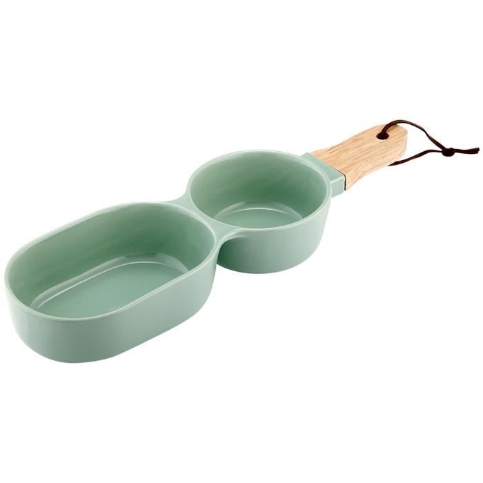 LADELLE Bol à 2 compartiments - Vert - Porcelaine et bambou - 34,5 x 9,5 x 4,8 cm