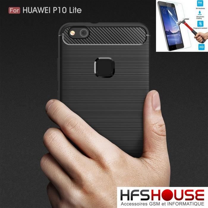 Huawei P10 Lite Carbone Noir + Film Verre Trempé Coque Housse Etui En Silicone Gel Souple hfs-house®