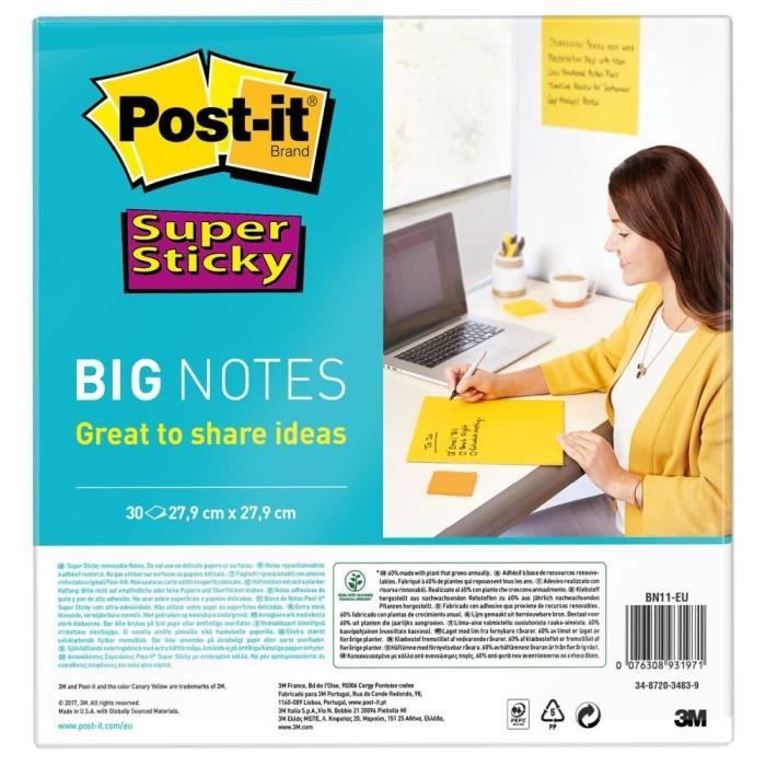Big Notes Super Sticky Post-it® jaune 27,9 cm x 27,9 cm