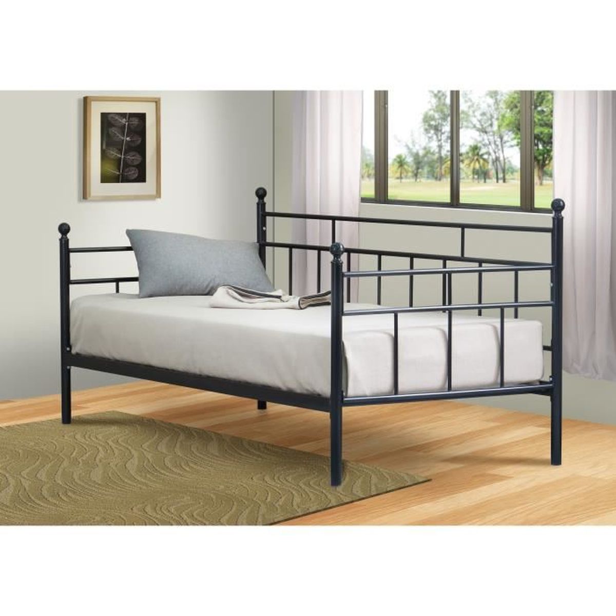 Lit en métal noir PAULINE + sommier 90x200 cm. Meuble pour chambre à ... Lit en métal noir PAULINE + sommier 90x200 cm. Meuble pour chambre à ...