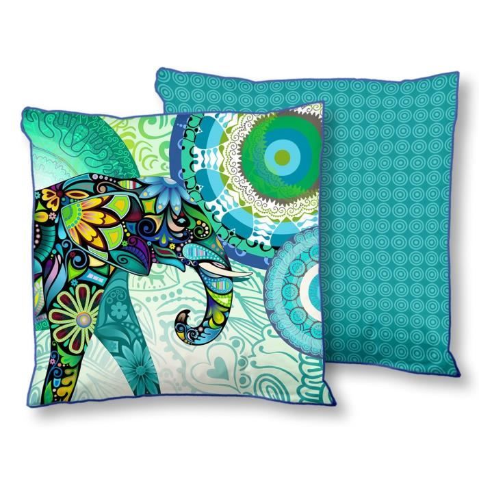 HIP Coussin déco imprimé Explorer - 48x48 cm - Vert et bleu