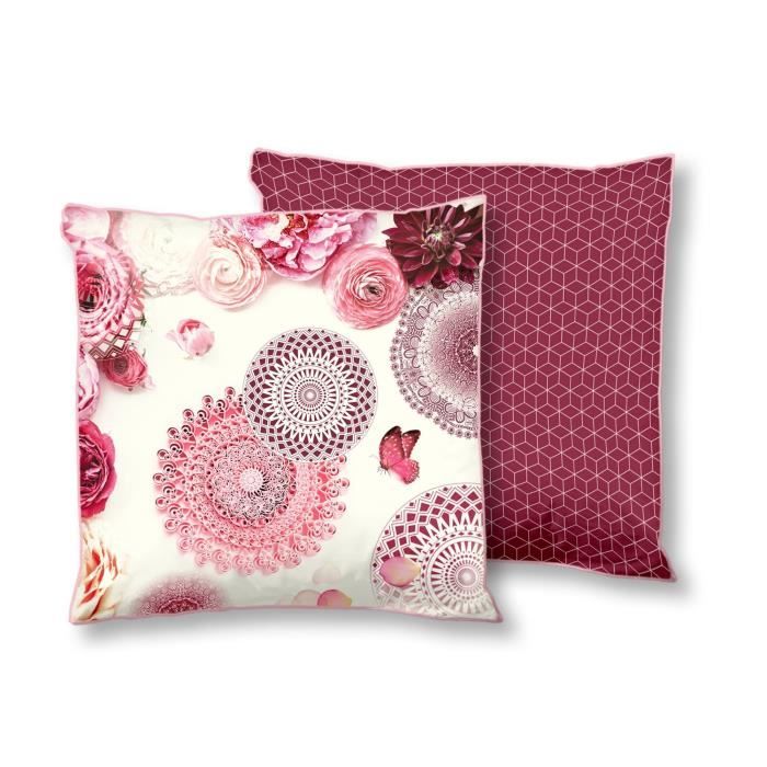HIP Coussin déco imprimé Jamuna - 48x48 cm - Gris perle et rouge bordeaux