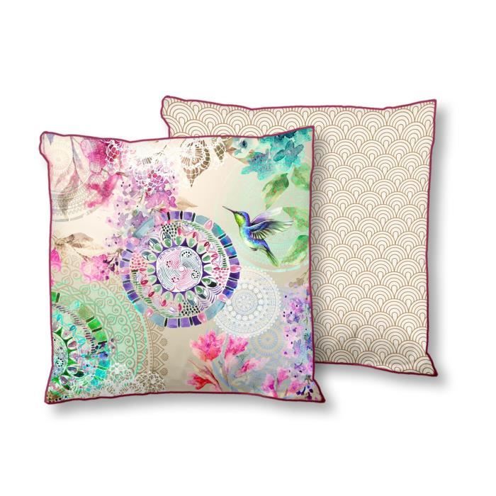 HIP Coussin déco imprimé Pallavi - 48x48 cm - Champagne et fuchsia